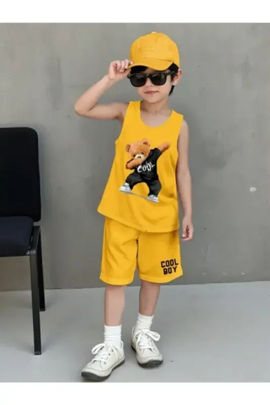 Erkak bola Sariq Cool Boys ayiqcha bosma naqshli yengsiz futbolka-shorti kostyumi-sariq - 1