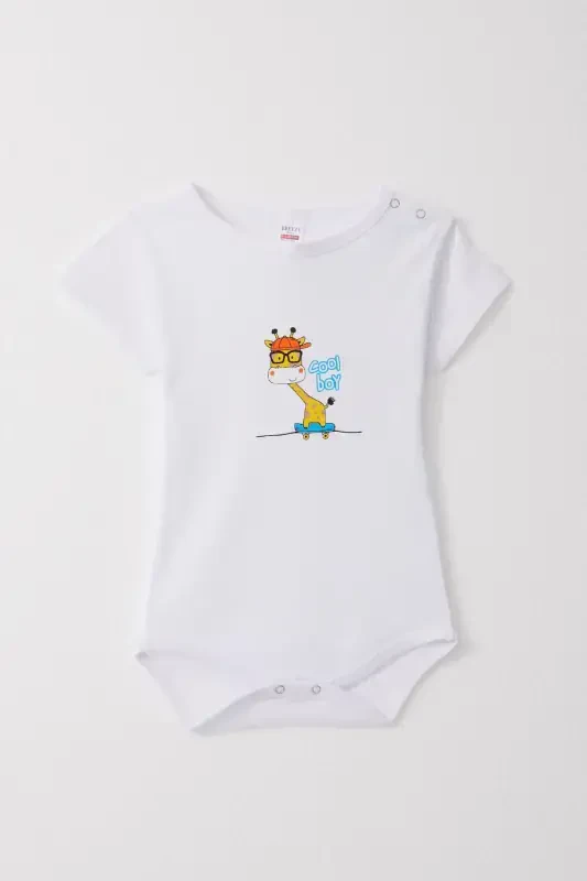 Эркак бола учун читчитли зибин боди. Севимли каттаювчи жирафали босма. 9 ой - 3 ёш, оқ ранг. - 1