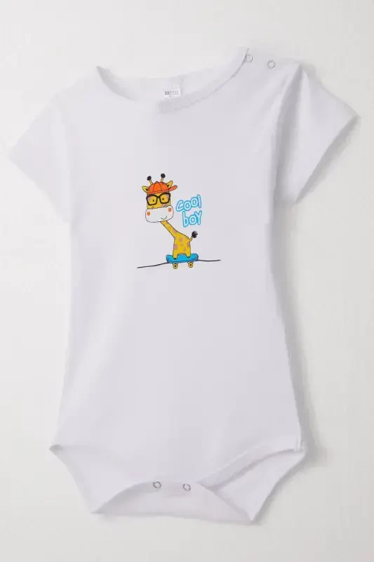 Эркак бола учун читчитли зибин боди. Севимли каттаювчи жирафали босма. 9 ой - 3 ёш, оқ ранг. - 3