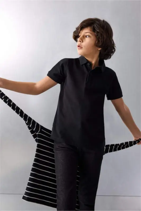 Erkak bolalar polo yoqali oddiy tekis pike qisqa yengli futbolka - Qora - 3