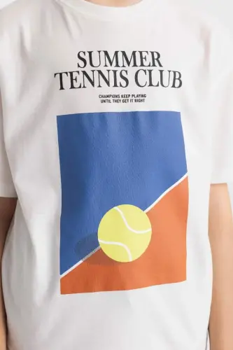 Erkak bolalar uchun keng bichimli velosiped yoqali bosma naqshli qisqa yengli futbolka - Ekru - 5