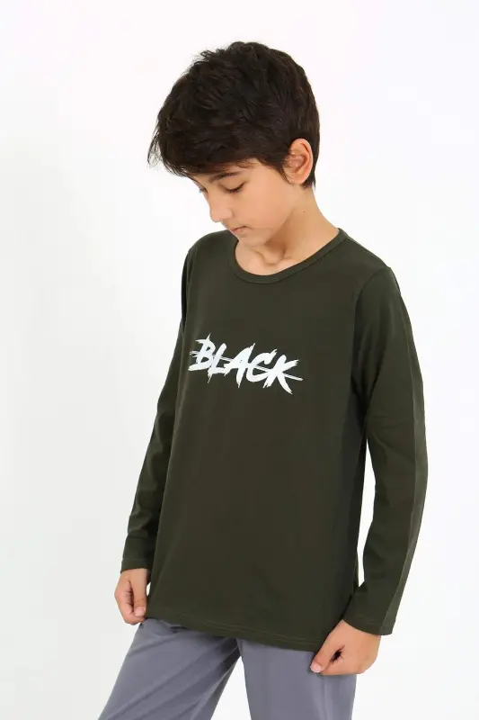 Erkak bolalar uzun qisma penye pijama to'plami 20437 Haki - BÜYÜKBEDENIZ