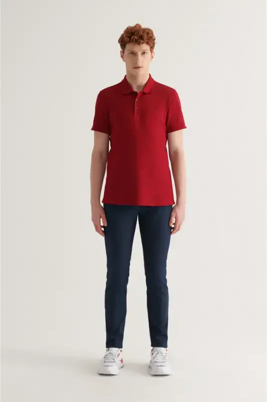 Erkak Bordo %100 Paxta Salqin Tutan Polo Yoqali T-Shirt E001004-Bordo - 5