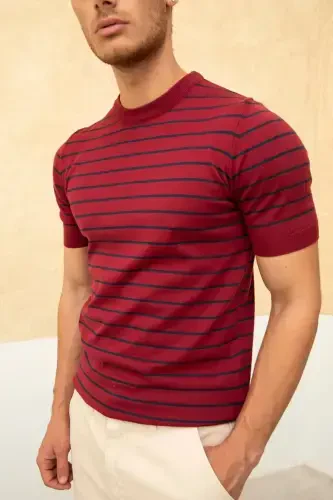 Erkak Bordo Qisqa Yengli Fitilli Akril-Paxta Aralash Trikotaj T-Shirt-BORDO - 4