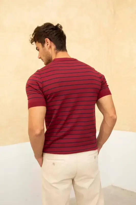 Erkak Bordo Qisqa Yengli Fitilli Akril-Paxta Aralash Trikotaj T-Shirt-BORDO - 5