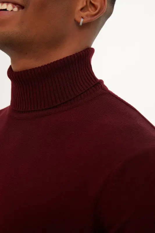 Erkak Bordo Regular Fit Balıkchi Yaka Triko Kazak-A - 6