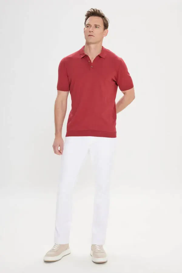 Erkak Bordo Standart Fit Oddiy Kesim 100% Paxta Naqshli Polo Yaxali Triko Futbolka - 2
