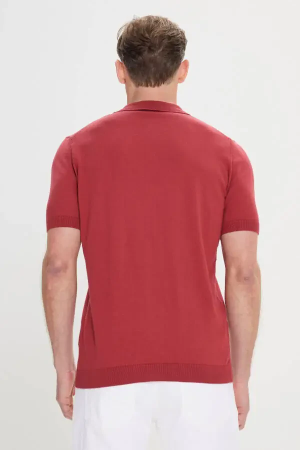 Erkak Bordo Standart Fit Oddiy Kesim 100% Paxta Naqshli Polo Yaxali Triko Futbolka - 5