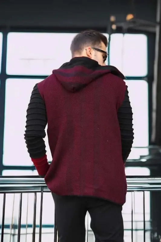Erkak Bordo Yengli Naqshli Kapüşonli Poncho Kardigan-Bordo - 5