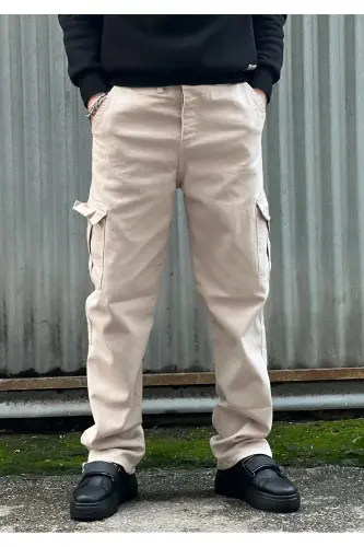 Erkak Boru Paça Baggy Kargo Pantalon Kkb-Krem 