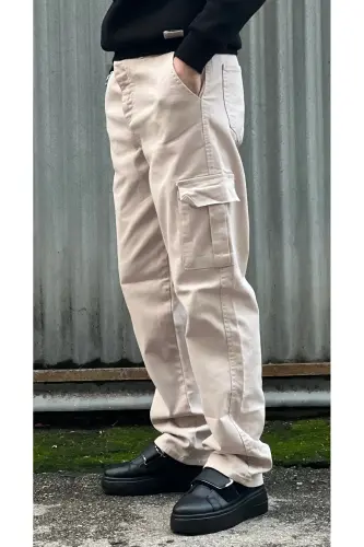 Erkak Boru Paça Baggy Kargo Pantalon Kkb-Krem - 3