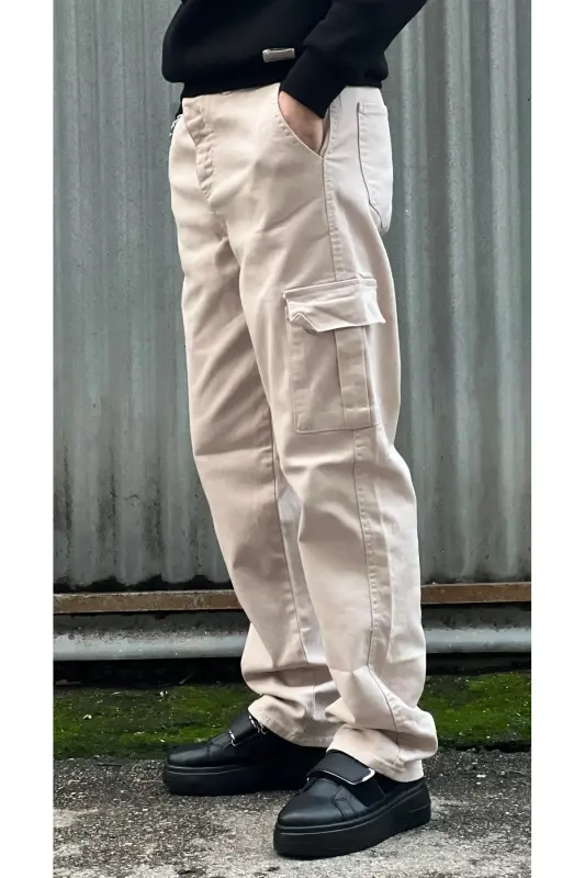 Erkak Boru Paça Baggy Kargo Pantalon Kkb-Krem - 3