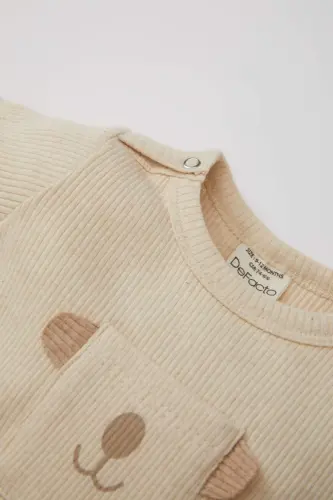 Erkak chaqaloq 3 qismli to'plam Fitilli Kashkors Chitmali Qisqa Yengli Body Pastki Sharf-Bej Melanj - 4