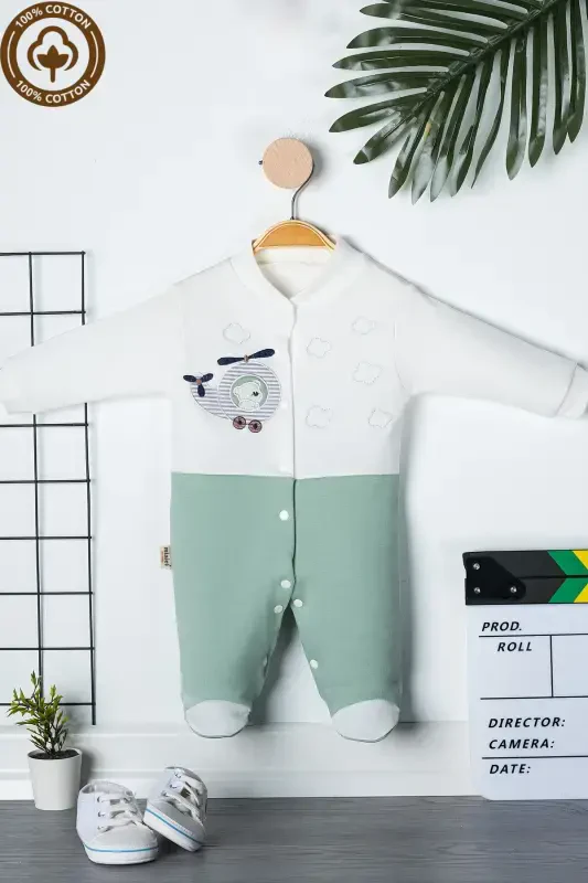 Erkak chaqaloq ayiqcha kashtasi tushirilgan 3-6-9 oylik trikotaj organik paxtali paypoqli chaqaloq kombinezoni - YASHIL - MINIEL