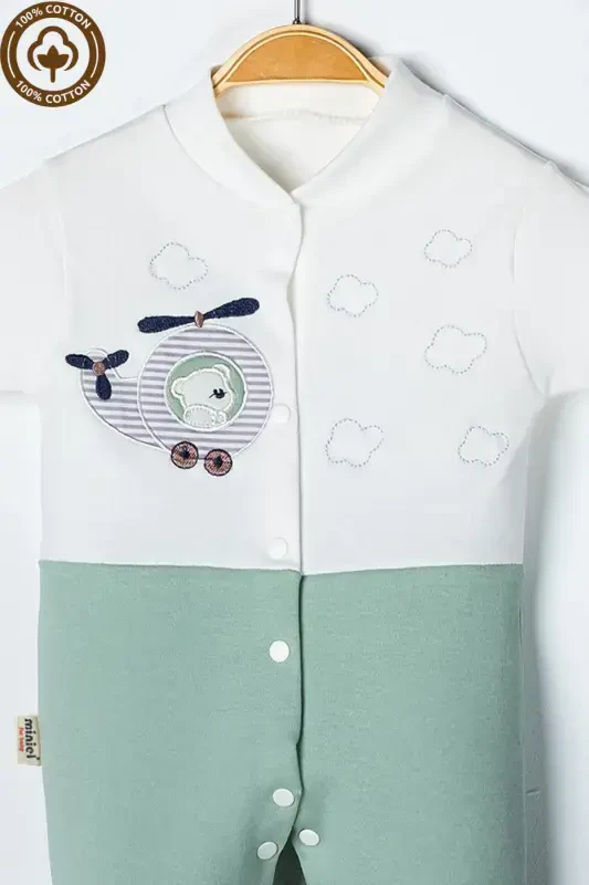 Erkak chaqaloq ayiqcha kashtasi tushirilgan 3-6-9 oylik trikotaj organik paxtali paypoqli chaqaloq kombinezoni - YASHIL - 3