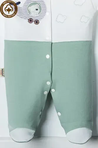 Erkak chaqaloq ayiqcha kashtasi tushirilgan 3-6-9 oylik trikotaj organik paxtali paypoqli chaqaloq kombinezoni - YASHIL - 4