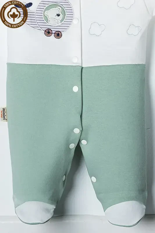 Erkak chaqaloq ayiqcha kashtasi tushirilgan 3-6-9 oylik trikotaj organik paxtali paypoqli chaqaloq kombinezoni - YASHIL - 4