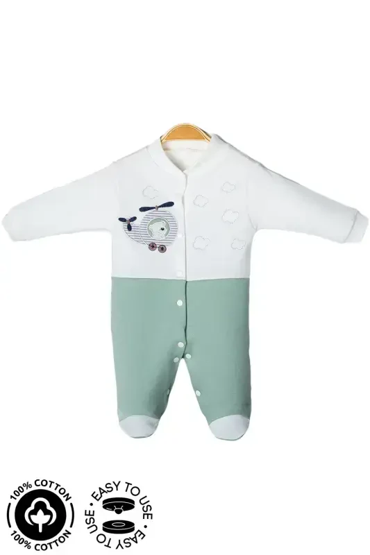 Erkak chaqaloq ayiqcha kashtasi tushirilgan 3-6-9 oylik trikotaj organik paxtali paypoqli chaqaloq kombinezoni - YASHIL - 6