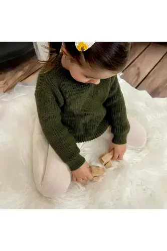 Erkak chaqaloq-bola /qiz chaqaloq-bola Velosiped yoqali katta o'lchamli trikotaj kozok-Xaki - BEBEĞİME ÇORAP (1)