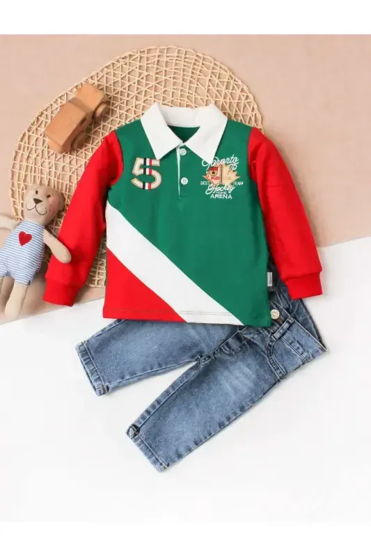 Erkak chaqaloq paxtali polo kostyum shim tepa ikki qismli kostyum to'y tug'ilgan kun nishon nikoh bayram-Yashil - 1