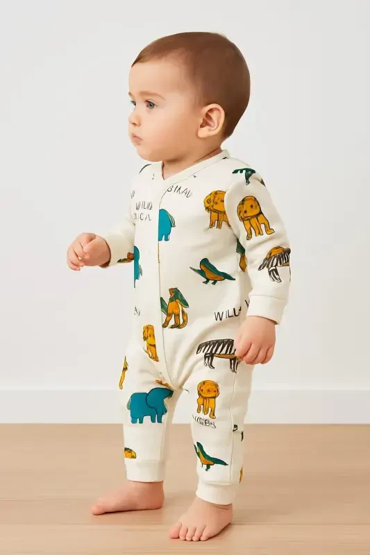 Erkak chaqaloq Safari bosma naqshli tugmachali yangi tug'ilgan chaqaloq kombinezoni 100% paxta elastik 1-3-6 oylik-SAFARI - 2