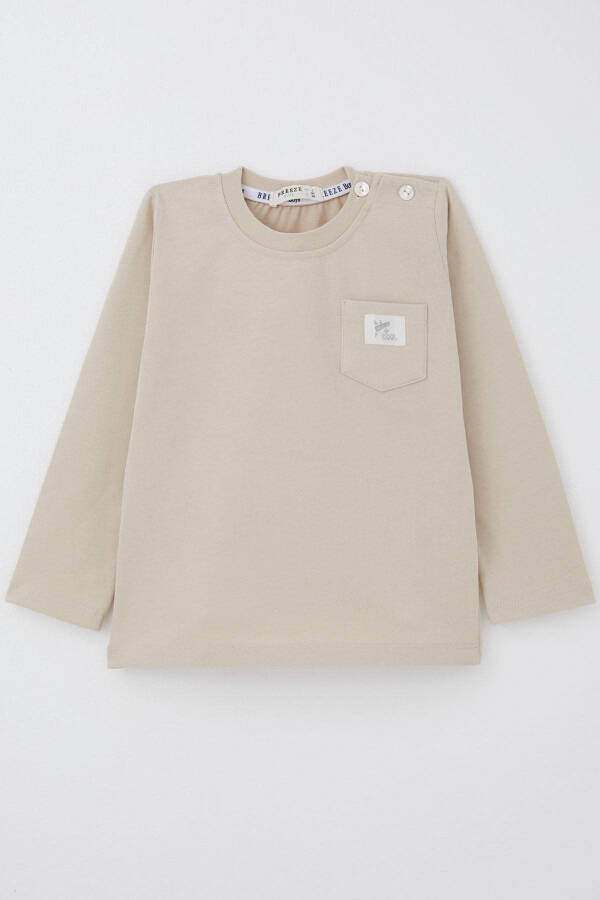 Erkak chaqaloq uzun yengli futbolka cho'ntakli detallar bilan Cool yozuvli aplikatsiya 9 oy-3 yosh, bej - 1