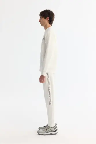 Erkak Ekru Dumaloq Yoqa Paxtali Printli Elastan Regular Fit Svitshot A42Y1308 - Ekru - 3