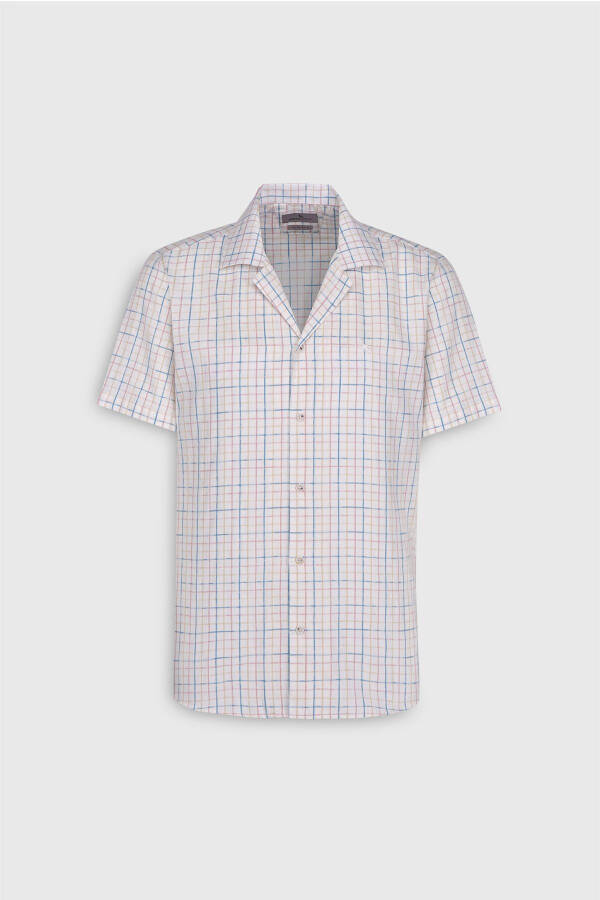 Erkak ekru-movi slim fit tor kesimi 100% paxta kubalı yoqali chiziqli ko'ylak - 1