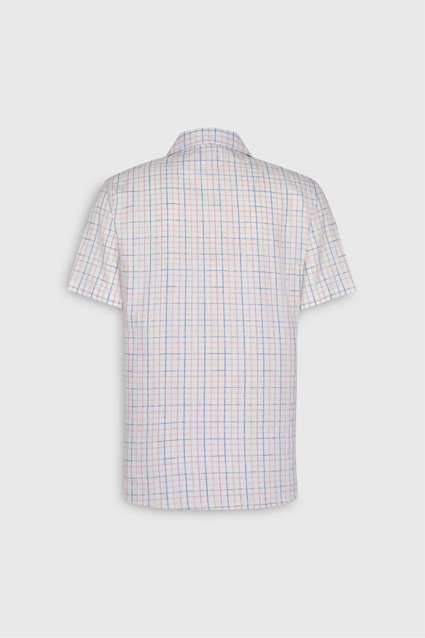 Erkak ekru-movi slim fit tor kesimi 100% paxta kubalı yoqali chiziqli ko'ylak - 4