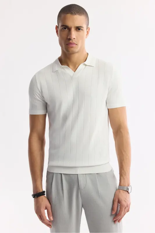 Erkak Ekru Polo Yoqali Rayon Trikotaj Regular Fit T-Shirt A51Y5015-Ekru - 6