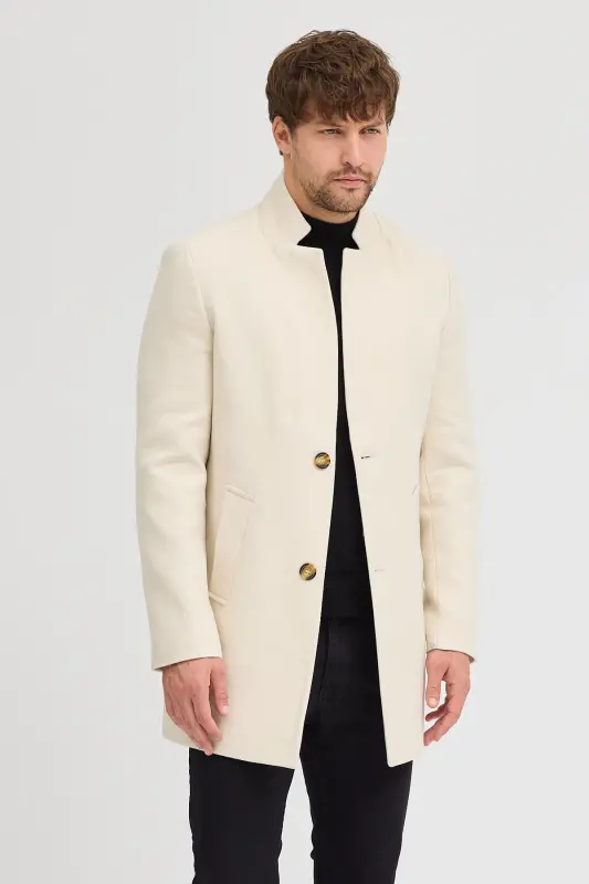Erkak Ekru Slim Fit Tik Yoqali Kaşmir Palto - Ekru - MODAMESTO
