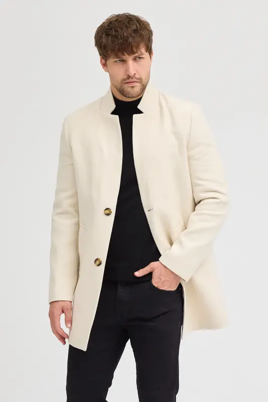 Erkak Ekru Slim Fit Tik Yoqali Kaşmir Palto - Ekru - 4
