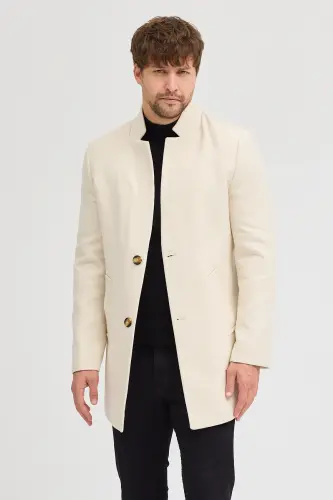 Erkak Ekru Slim Fit Tik Yoqali Kaşmir Palto - Ekru - 5