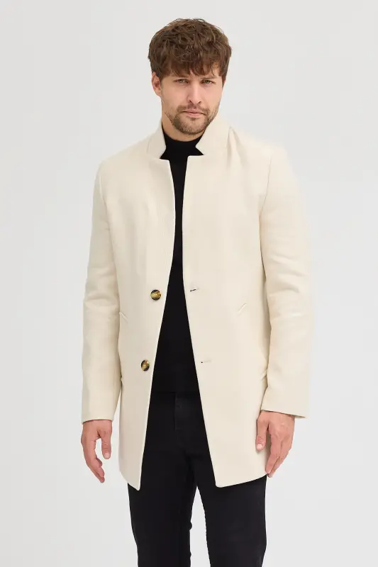 Erkak Ekru Slim Fit Tik Yoqali Kaşmir Palto - Ekru - 5