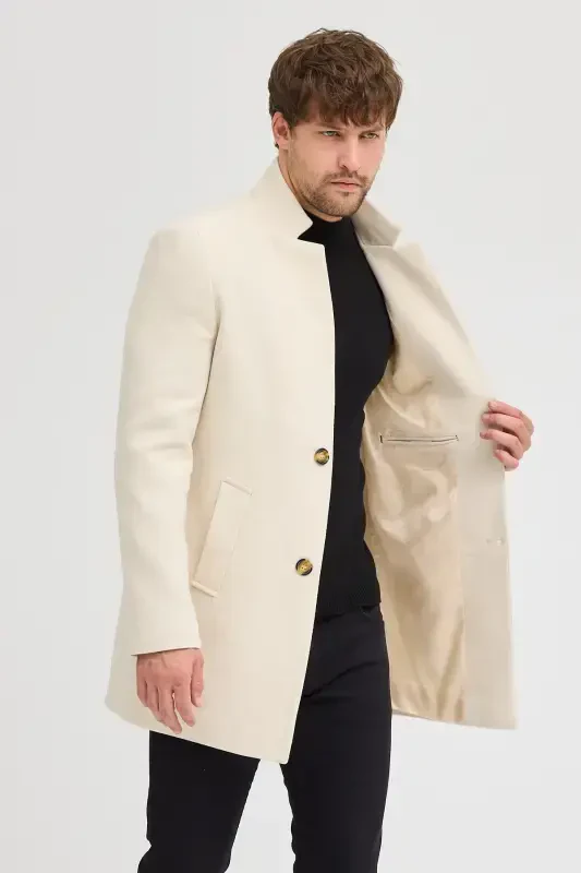 Erkak Ekru Slim Fit Tik Yoqali Kaşmir Palto - Ekru - 2