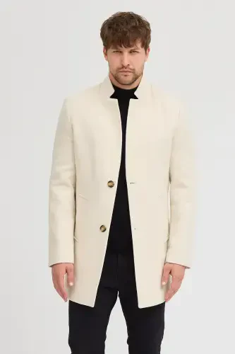 Erkak Ekru Slim Fit Tik Yoqali Kaşmir Palto - Ekru - 3