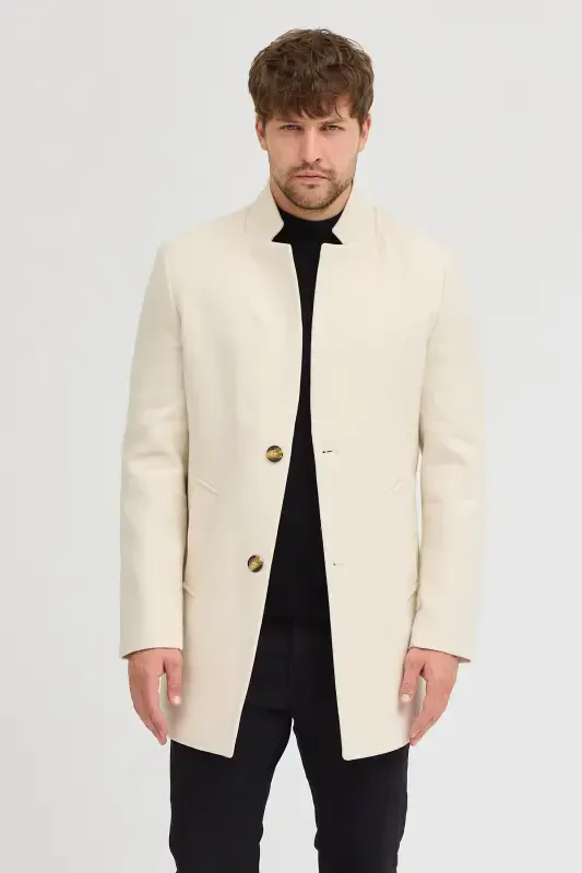 Erkak Ekru Slim Fit Tik Yoqali Kaşmir Palto - Ekru - 3