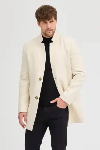 Erkak Ekru Slim Fit Tik Yoqali Kaşmir Palto - Ekru - 4