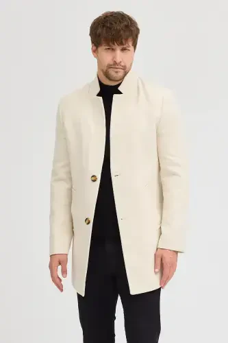 Erkak Ekru Slim Fit Tik Yoqali Kaşmir Palto - Ekru - 5