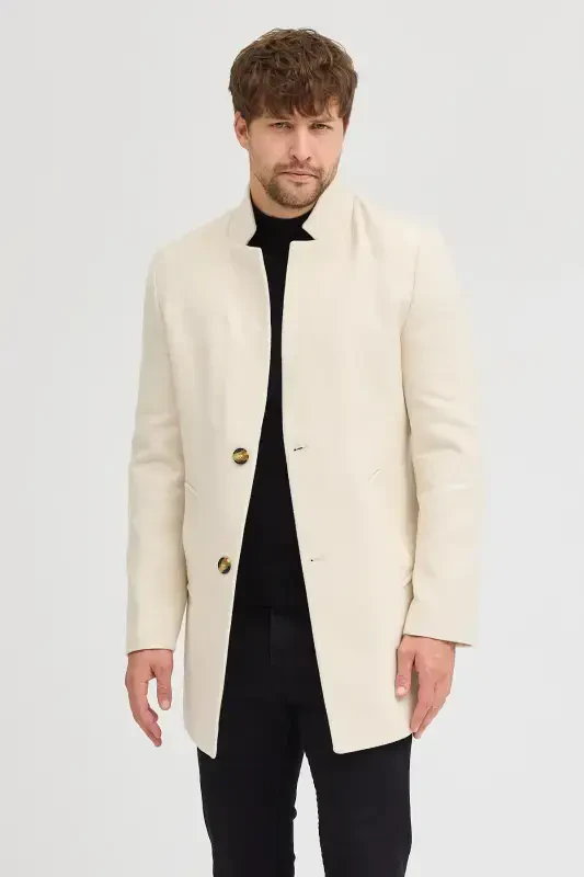 Erkak Ekru Slim Fit Tik Yoqali Kaşmir Palto - Ekru - 5