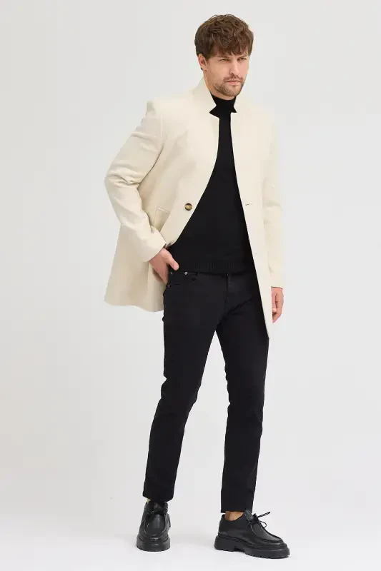 Erkak Ekru Slim Fit Tik Yoqali Kaşmir Palto - Ekru - 6