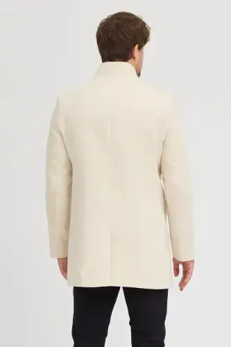Erkak Ekru Slim Fit Tik Yoqali Kaşmir Palto - Ekru - 8