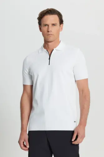 Erkak Ekru Standart Fit Oddiy Kesim Polo Yaxali Jakarlı Triko Futbolka - ALTINYILDIZ CLASSICS (1)