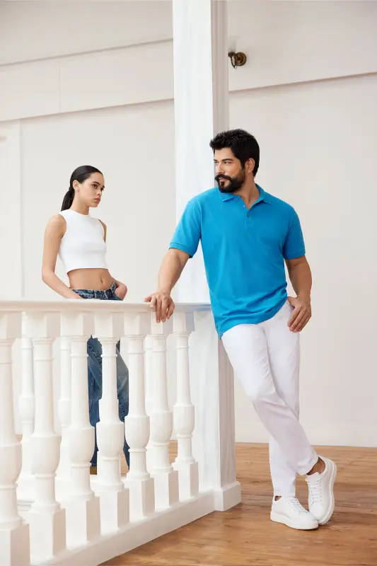 Erkak firuza %100 paxta burishmaydigan pike polo yoqali slim fit tor kesimli futbolka - 2