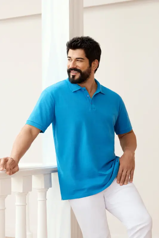 Erkak firuza %100 paxta burishmaydigan pike polo yoqali slim fit tor kesimli futbolka - 3