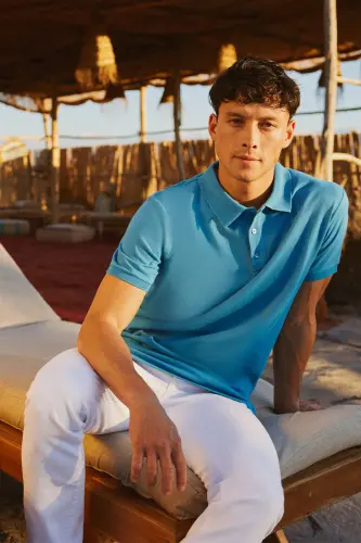 Erkak firuza %100 paxta burishmaydigan pike polo yoqali slim fit tor kesimli futbolka - 5