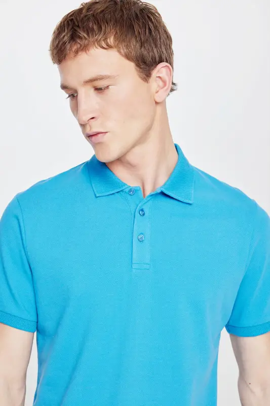 Erkak firuza %100 paxta burishmaydigan pike polo yoqali slim fit tor kesimli futbolka - 10