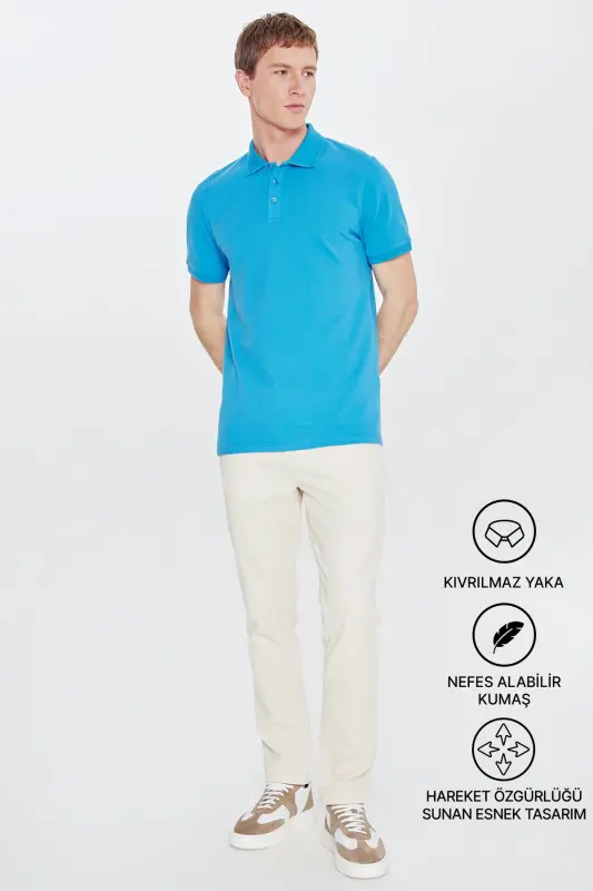 Erkak firuza %100 paxta burishmaydigan pike polo yoqali slim fit tor kesimli futbolka - 2