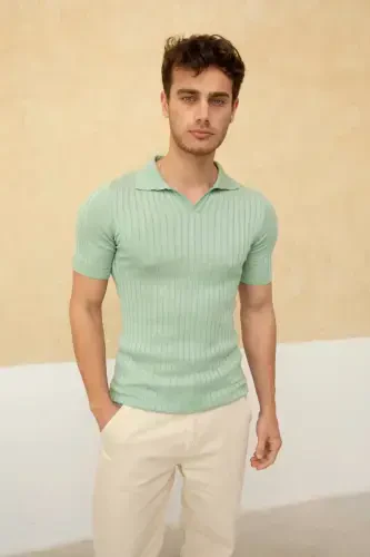 Erkak Fitilli Polo Yaka Triko T-Shirt-SU YEŞİLİ - TARZ COOL (1)