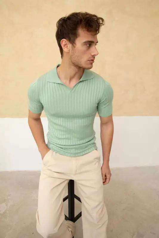 Erkak Fitilli Polo Yaka Triko T-Shirt-SU YEŞİLİ - 5